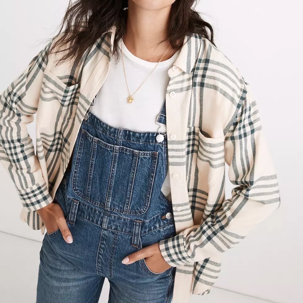 Madewell Oversized Ex-Boyfriend Swing Shirt Plaid Windowpane 2021 Cream Boho 1X